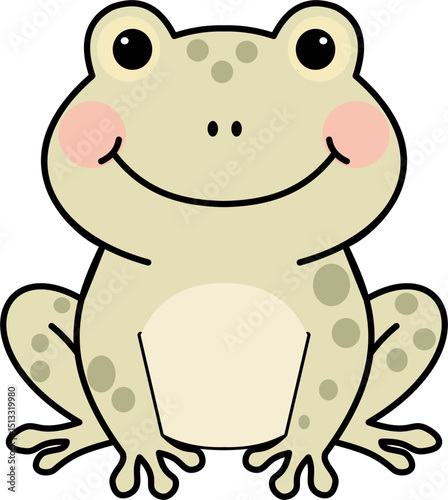 Minimalist happy frog outline with big round head, wide smile, and rosy cheeks in clean smooth-line style.