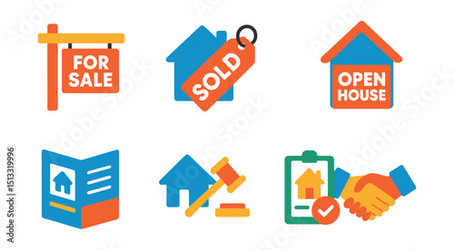Flat vector icons of home sales: for sale sign, sold label, price tag, open house icon, real estate flyer, bidding icon, home appraisal, buyer handshake.