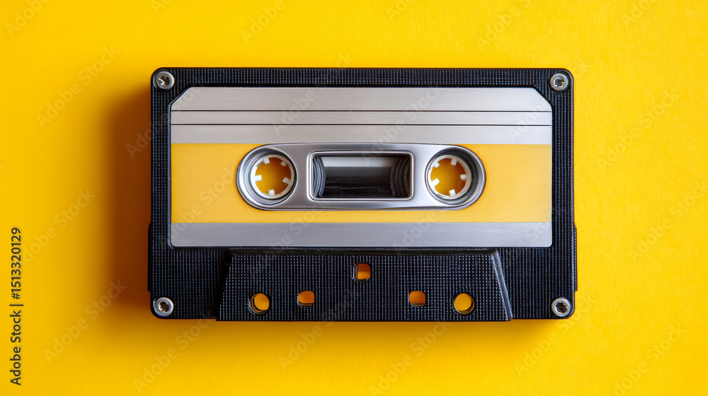 Fototapeta premium Vintage Cassette Tape on Bright Yellow Background Symbolizing Nostalgia and Music