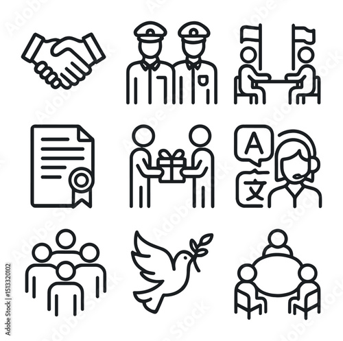 Cooperation Icon Set. Outline icon set of cooperation and liaison actions: handshake agreement, joint patrol, flag meeting,