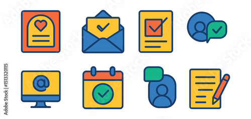 Flat vector icons of invitations and RSVPs: invitation card, RSVP envelope, reply form, guest reply icon, invitation email, calendar save, event reminder, guest note.