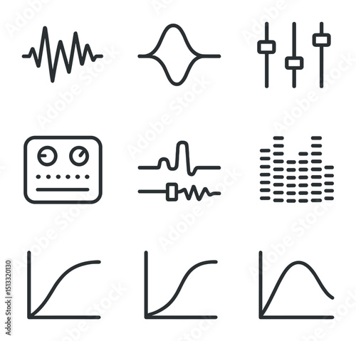 Audio Icon Set. Outline icon set of audio waveform smoothing: raw waveform, smoothed envelope, equalizer sliders, compressor icon,
