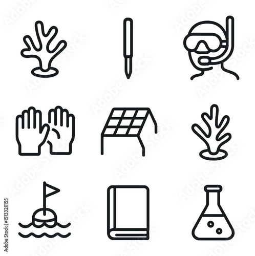 Coral Restoration Icons. Outline icon set of coral reef restoration trips: coral fragment, planting stick, snorkeler, underwater