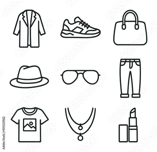 Celebrity Street Style Icons. Outline icon set of celebrity street style: oversized coat, designer sneakers, statement tote,