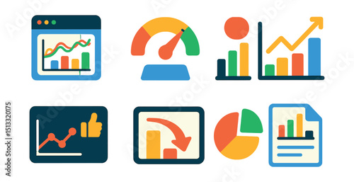 Flat vector icons of analytics and metrics: dashboard graph, KPI tracker, metric overview, performance chart, engagement rate, bounce rate, data segment, analytics report.