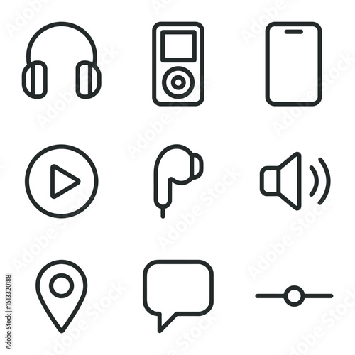 Audio Tour Icons. Outline icon set of self-guided audio tour: headphones, audio player, smartphone, play button, earbud, volume