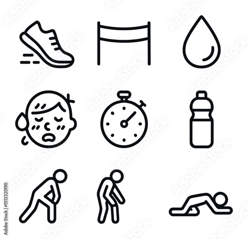Exhaustion Icons Set. Outline icon set of exhaustion after sprint: running shoe, finish line tape, sweat drop, heavy breathing