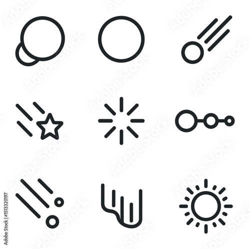 Celestial Icon Set. Outline icon set of celestial portents: solar eclipse, lunar eclipse, comet streak, shooting star, supernova