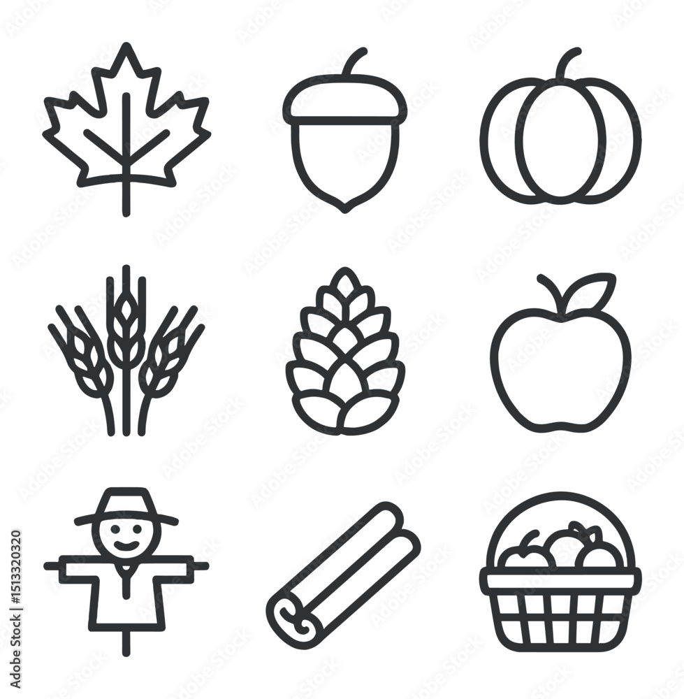Autumn Icons Grid. Outline icon set of autumn harvest patchwork blanket: maple leaf, acorn, pumpkin, wheat sheaf, pinecone, apple, Autumn Icons Grid. Outline icon set of autumn harvest patchwork blanket: maple leaf, acorn, pumpkin, wheat sheaf, pinecone, apple,