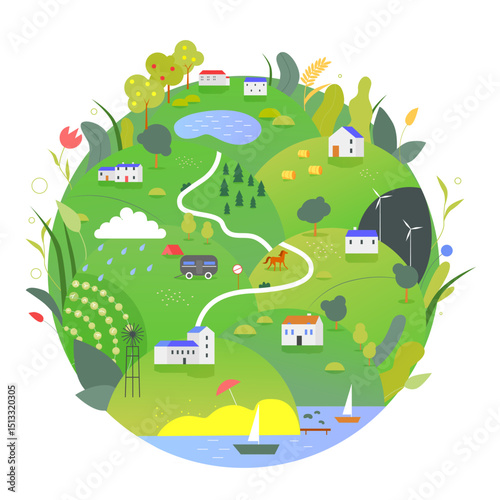 Summer Earth planet vector illustration. Cartoon flat green globe with summertine rural countryside eco farmland landscape with farm, save nature ecology for future, global Earth Day isolated on white