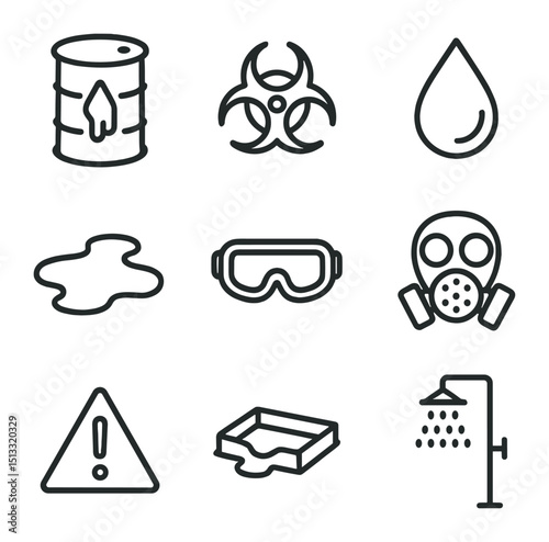 Chemical Alert Icons. Outline icon set of chemical spill alerts: hazard barrel, biohazard symbol, chemical droplet, spill puddle,