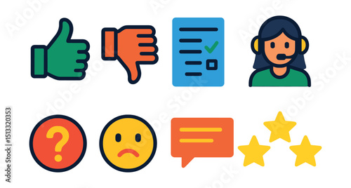 Flat vector icons of feedback and support: thumbs up, thumbs down, feedback form, customer support icon, help center, feedback emoji, comment card, rating stars.