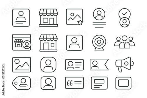 Line style icons of bios and seller identity: seller bio, shop profile, brand story icon, about seller section, verified seller badge, store intro, storefront identity, seller description, seller