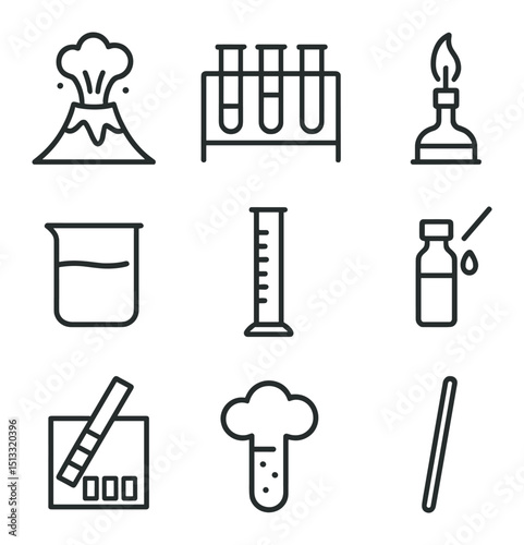Chemistry Icon Set. Outline icon set of basic chemistry demonstrations: volcano model, test tube rack, Bunsen burner, beaker,