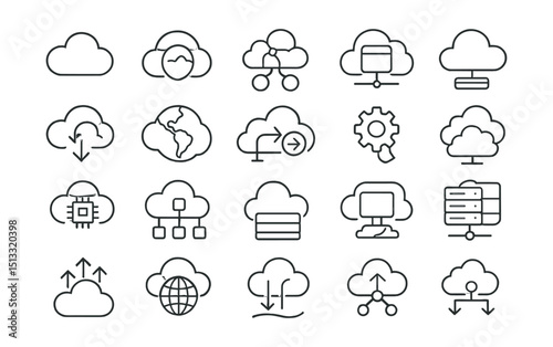 Line style icons of cloud services and architectures: public cloud icon, private cloud, multicloud badge, SaaS icon, PaaS platform, IaaS stack, hybrid cloud symbol, serverless function, cloud