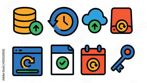 Flat vector icons of backup and recovery: data backup, restore point, cloud backup, recovery drive, restore process, backup status, backup schedule, recovery key.