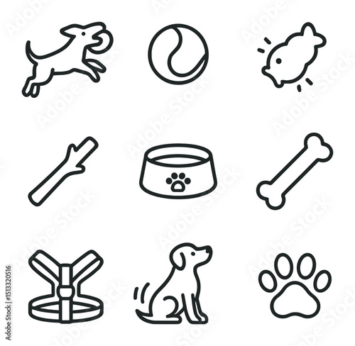 Family Dog Play Icons. Outline icon set of family dog play: frisbee, tennis ball, squeaky toy, fetch stick, water bowl, chew bone,