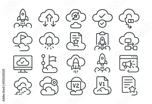 Line style icons of cloud launches and deployments: launch icon, release deployment, version rollout, go live badge, service activation, feature flag, new release notification, product launch plan,