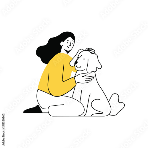 A flat illustration of a woman petting her dog, simple line art, minimalist style