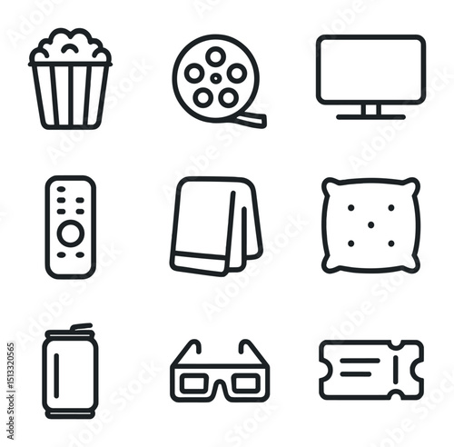 Cozy Movie Icons. Outline icon set of cozy movie marathon: popcorn bucket, film reel, TV screen, remote control, blanket, sofa