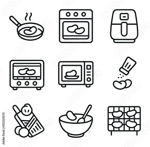 Chip Cooking Icons. Outline icon set of chip preparation methods: frying pan, oven baking, air fryer, toaster oven, microwave,