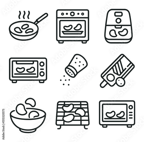 Chip Cooking Icons. Outline icon set of chip preparation methods: frying pan, oven baking, air fryer, toaster oven, microwave,