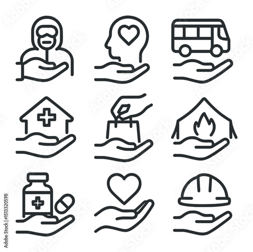 Crisis Aid Icons. Outline icon set of helping hands in crisis: PPE kit, mental health resources, transportation for evacuees,