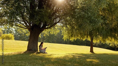 Young woman reading Bible under tree in sunlight, slow motion, spiritual moment in nature, prayer, faith, devotion, Christian lifestyle, peaceful outdoor scene, summer meadow
