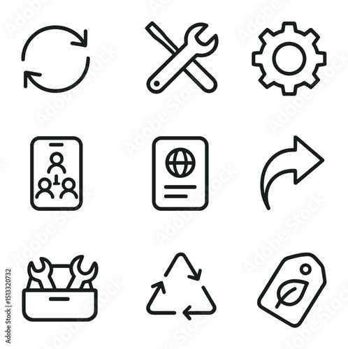 Circular Economy Icons. Outline icon set of circular economy concepts: reuse symbol, refurbish tool, remanufacture gear, upcycle