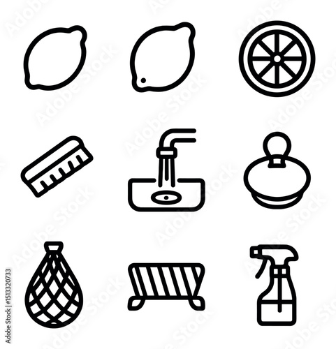 Citrus Washing Icons. Outline icon set of washing citrus fruits in sink: lemon, lime, orange, soft brush, running water, sink