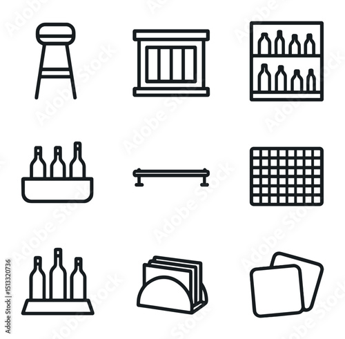 Bar Furniture Icons. Outline icon set of bar furniture: bar stool, bar counter, back bar shelf, speed rail, foot rail, bar mat,