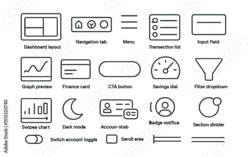 Line style icons of user interface in finance apps: dashboard layout, navigation tab, menu icon, transaction list UI, input field, graph preview, finance card, CTA button, savings dial, filter