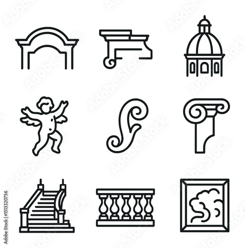 Baroque Architecture Icons. Outline icon set of Baroque architecture: curved pediment, broken cornice, oval dome, dramatic cherub,