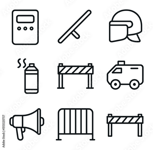 Crowd Control Icon Set. Outline icon set of crowd control scenario: riot shield, baton, helmet visor, tear gas canister, barricade