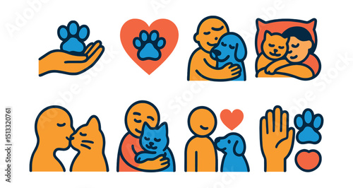 Flat vector icons of pet bonding and love: paw in hand, heart with paw, cuddling pet, nap together, kiss nose, pet hug, friendship icon, companion paw.