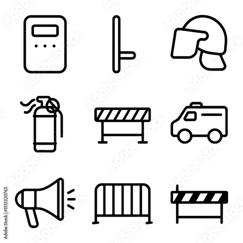 Crowd Control Icon Set. Outline icon set of crowd control scenario: riot shield, baton, helmet visor, tear gas canister, barricade