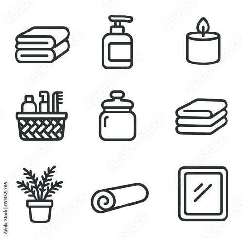 Bathroom Icon Set. Outline icon set of bathroom open shelving: folded towel, soap dispenser, scented candle, basket with