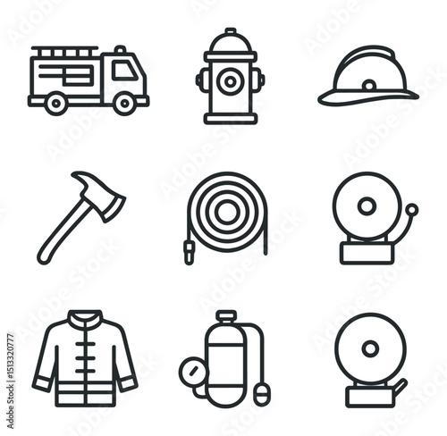 Fire Station Icons. Outline icon set of fire station gear: fire truck, hydrant, fire helmet, axe, hose reel, alarm bell, turnout