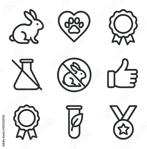 Cruelty-Free Icon Set. Outline icon set of cruelty-free certifications: bunny silhouette, heart paw print, certificate badge,