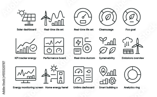 Line style icons of dashboards and smart energy metrics: solar dashboard tile, wind output chart, battery level dashboard, clean usage gauge, eco goal meter, KPI tracker energy, performance board,