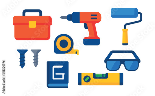 Flat vector icons of DIY projects: toolbox, measuring tape, drill, screws, paint roller, instruction manual, level tool, safety glasses.