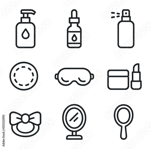 Bedtime Skincare Icons. Outline icon set of bedtime skincare routine: cleanser bottle, face serum dropper, toner spray,