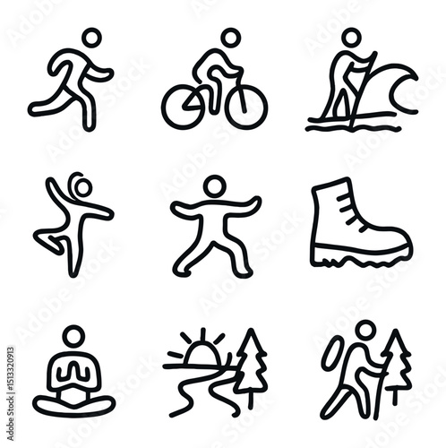Fitness Icon Set. Outline icon set of blissful fitness and flow: running silhouette, cycle ride, paddleboard, surfboard wave,