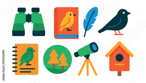 Flat vector icons of birdwatching: binoculars, bird guidebook, feather icon, bird silhouette, observation notebook, forest background, spotting scope, birdhouse.