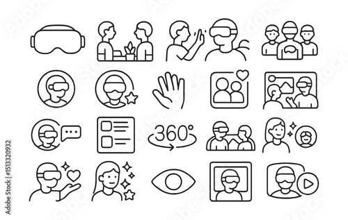 Line style icons of social VR environments and interaction: VR headset icon, virtual hangout scene, 3D avatar interaction, immersive post view, VR group chat, virtual story ring, motion hand icon, VR