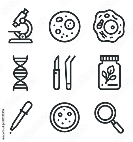 Biology Icon Grid. Outline icon set of biology and life science demos: microscope, petri dish culture, model cell, DNA helix,