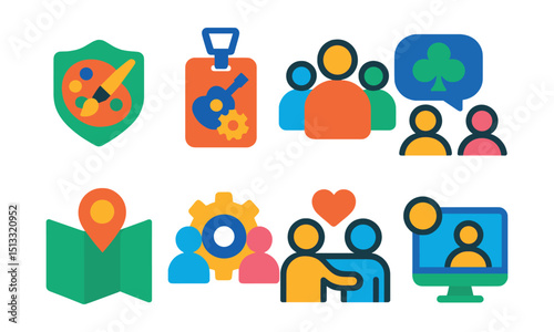 Flat vector icons of hobby community: hobby club icon, event badge, group icon, club chat, meet-up map, shared project, peer support, online hub.