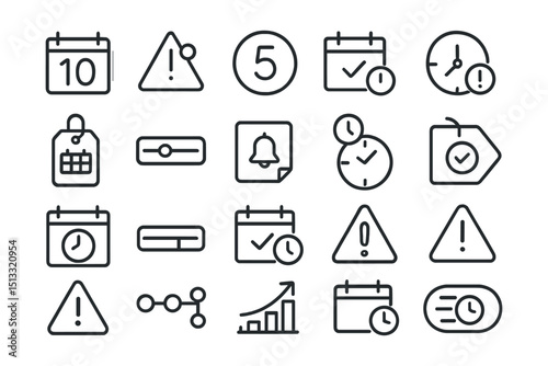 Line style icons of deadline management and scheduling: due date icon, urgent task alert, countdown badge, calendar check, overdue icon, weekly delivery tag, time tracker bar, task reminder tile,