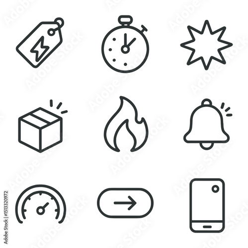 Flash Deals Icon Set. Outline icon set of flash deals: lightning bolt tag, timer countdown, rapid sale burst, limited stock box,