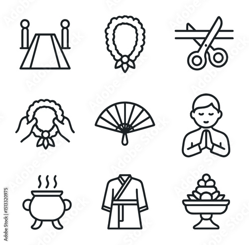 Cultural Welcome Icons. Outline icon set of cultural welcome traditions: red carpet, flower lei, ribbon cutting, garland exchange,